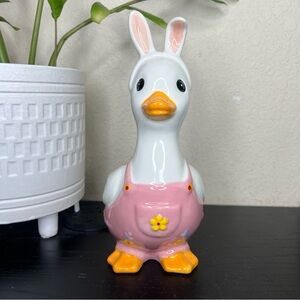 NEW Ceramic Easter Duck with Bunny Ears & Pink Overalls Figurine